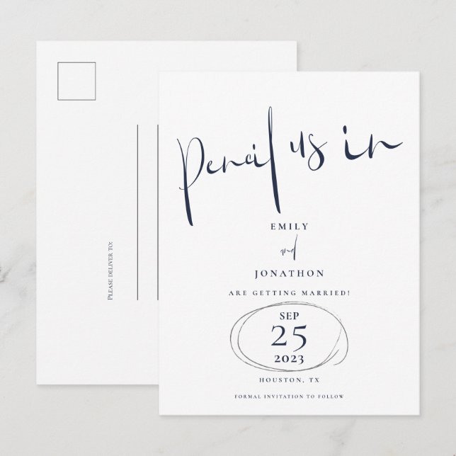 Minimal Pencil uns in Script Navy Save the Date Ankündigungspostkarte (Vorne/Hinten)