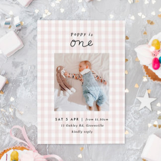Minimal Photo Pink Gingham 1st Birthday Invite Einladung