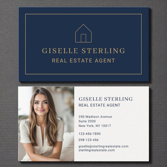 Minimal Real Estate Agent Navy Blue House Photo Visitenkarte (Von Creator hochgeladen)