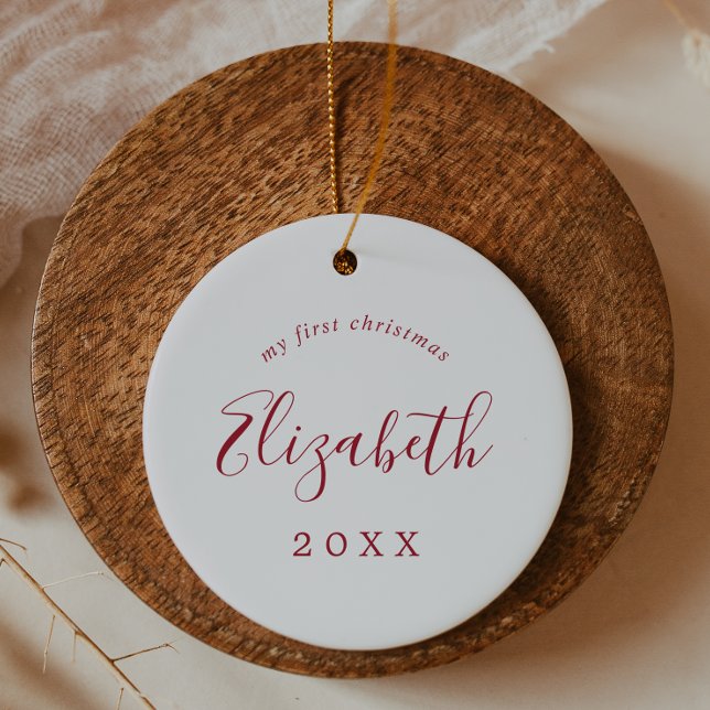 Minimal Red Baby's First Christmas Newborn Foto Keramik Ornament (Von Creator hochgeladen)