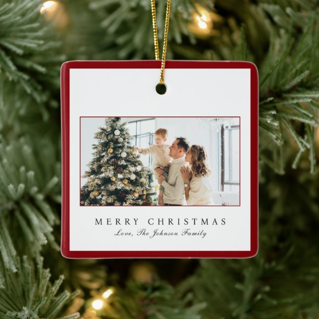 Minimal Red Border Foto Elegante Weihnachten Keramikornament (Baum)