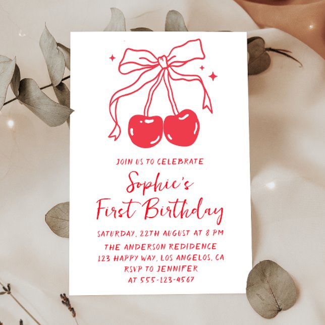 Minimal Red Bow Cherry Fruit 1st Birthday Party Einladung (Von Creator hochgeladen)