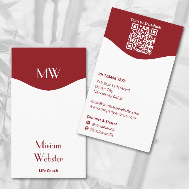 Minimal Red White Initials Portrait Personal Visitenkarte (Minimal Red White Initials Portrait Personal Business Card, Initials, QR code, Connect on Social)