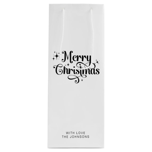 Minimal Retro Script Schwarz & Weiß Frohe Weihnach Geschenktüte Für Weinflaschen (Vorderseite)