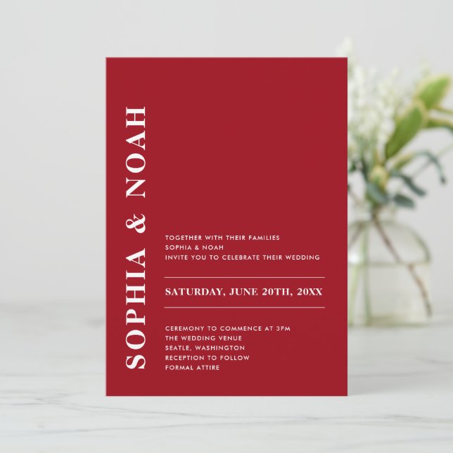 Minimal romantische Rot-Weiß-Hochzeit Einladung (Stehend Vorderseite)