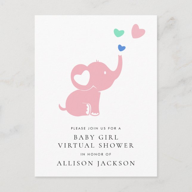 Minimal rosa Elephant Baby Girl Virtual Dusche Einladungspostkarte (Vorderseite)