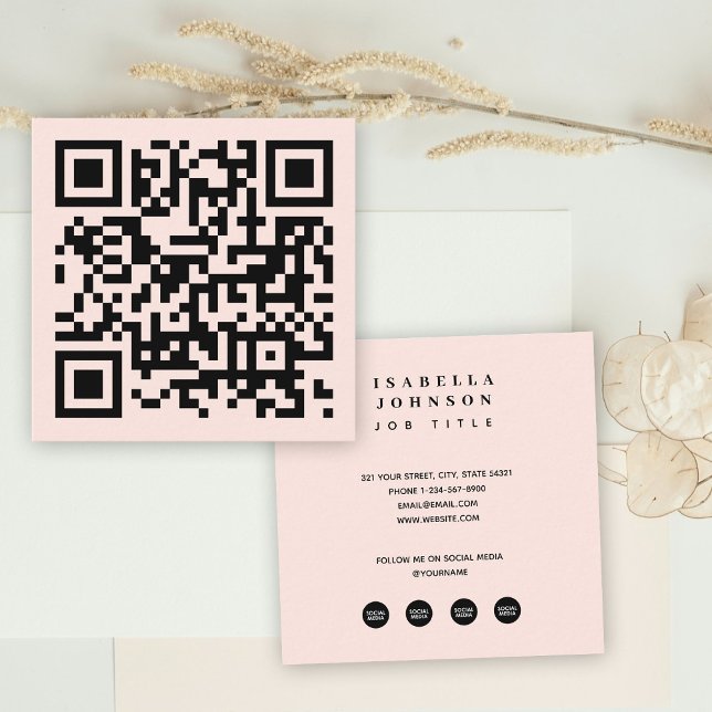 Minimal Rosa QR Code Social Media Icons Quadratische Visitenkarte (Minimal Blush Pink QR Code Social Media Icons Square Business Card)