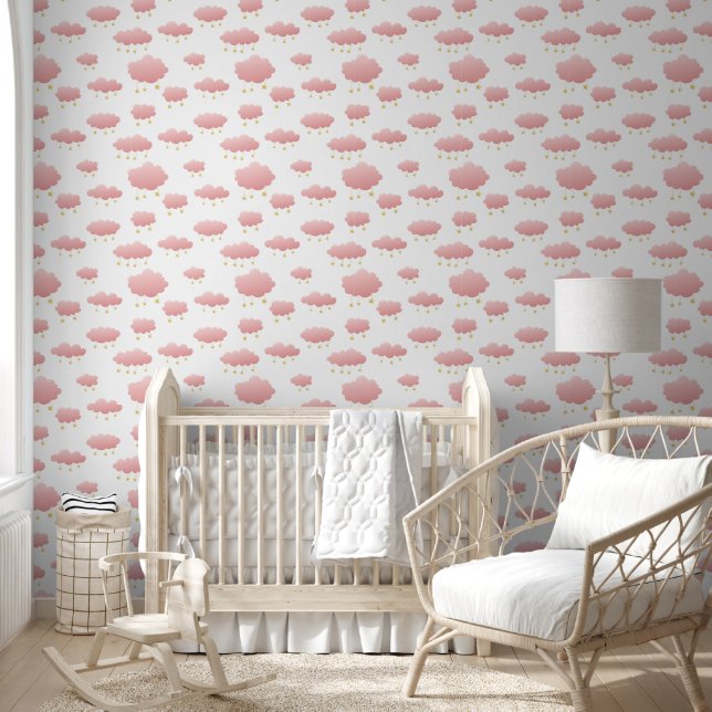 Minimal Rosa Wolken Goldene Sterne Girl's Kinderzi Tapete (Kinder)