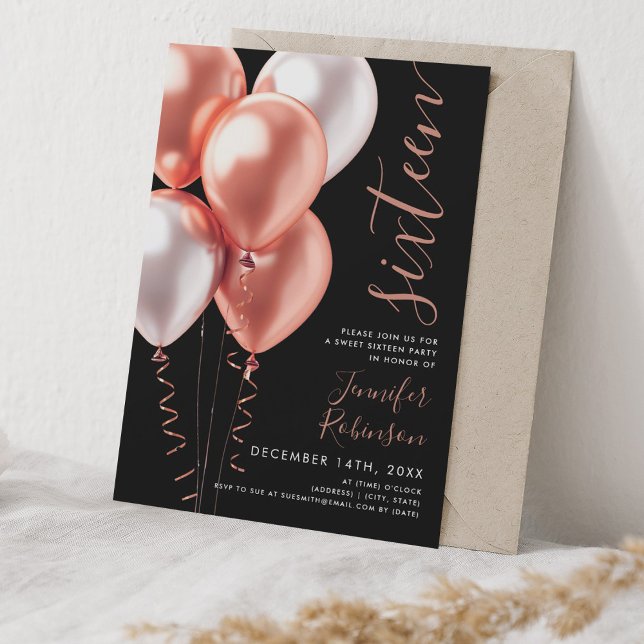 Minimal Rose Gold Ballons Sweet 16 Birthday Black Einladung (Minimal Rose Gold Balloons Sweet 16 Birthday Black Invitation)