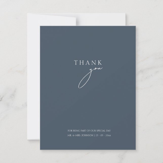 Minimal Royal Blue Opulence Script Foto Wedding Dankeskarte (Vorderseite)