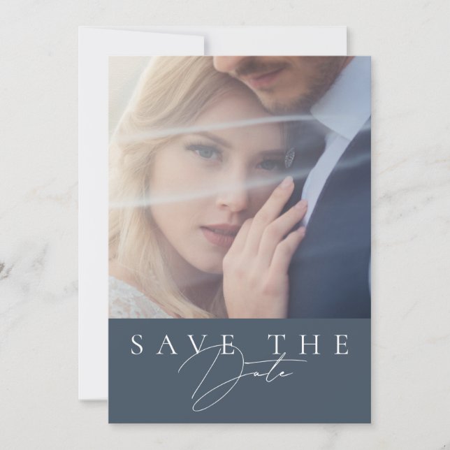 Minimal Royal Blue Opulence Script Foto Wedding Save The Date (Vorderseite)