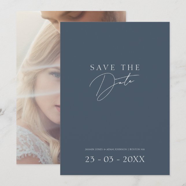 Minimal Royal Blue Opulence Script Foto Wedding Save The Date (Vorne/Hinten)