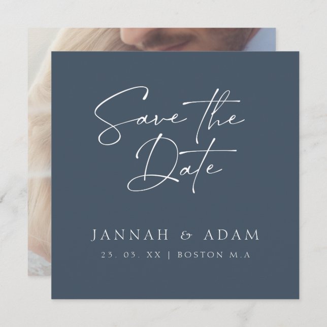Minimal Royal Blue Opulence Script Foto Wedding Save The Date (Vorne/Hinten)
