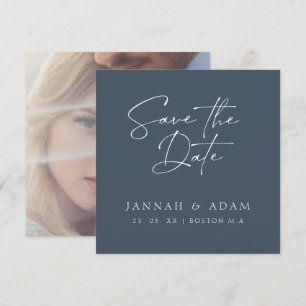 Minimal Royal Blue Opulence Script Foto Wedding Save The Date
