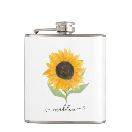 Minimal Rustic Sunflower Personalized Name Script Flachmann