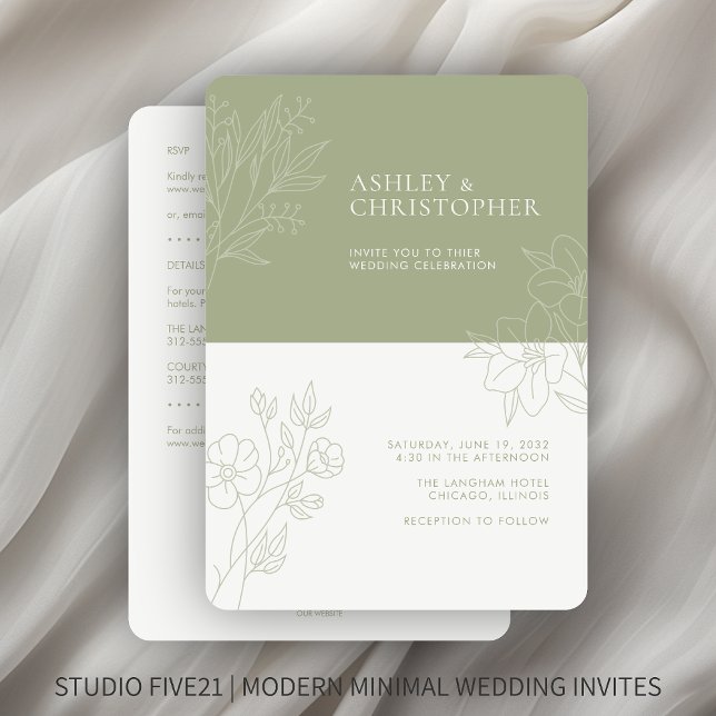 Minimal Sage Foliage Kontur All-in-One Hochzeit Einladung (Von Creator hochgeladen)