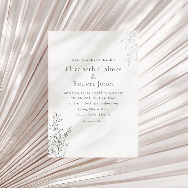 Minimal Sage Green Botanical Wedding Einladung (Minimal Sage Green Botanical Wedding Invitation on a neutral dry palm leaf.)