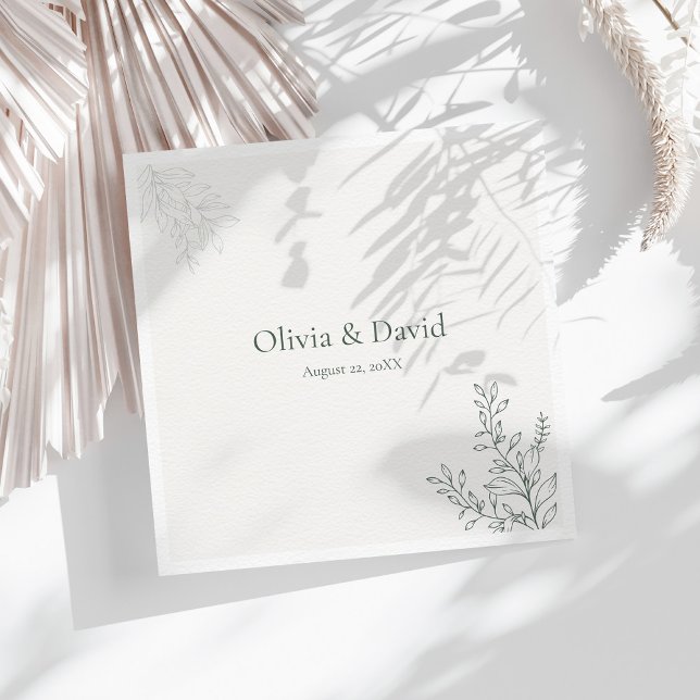 Minimal Sage Green Botanical Wedding Napkin Serviette (Minimal Sage Green Botanical Wedding Napkin on a sunny table with white dry botanicals)