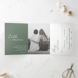 Minimal Sage Green Foto Moderne Hochzeit Dreifach Gefaltete Einladung