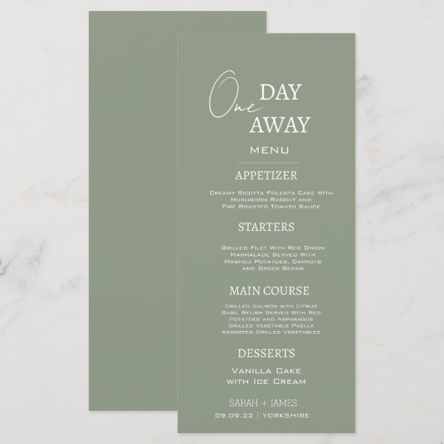 Minimal Sage Green One Day Away Probe Dinner Menükarte (Vorne/Hinten)
