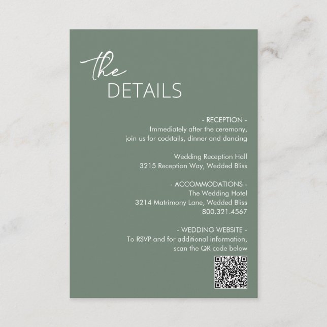 Minimal Sage Green QR Code Moderne Hochzeit Begleitkarte (Vorderseite)