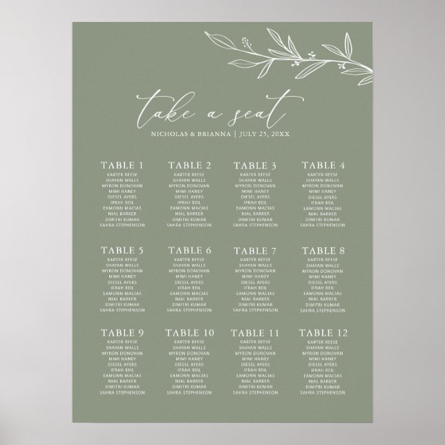 Minimal Sage Green Wedding 12 Table Seating Chart Poster (Vorne)