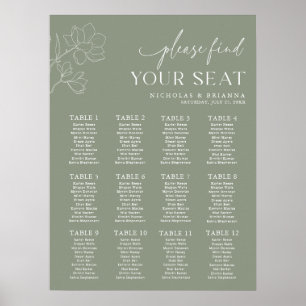 Minimal Sage Green Wedding 12 Table Seating Chart Poster