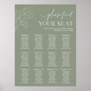 Minimal Sage Green Wedding 12 Table Seating Chart Poster