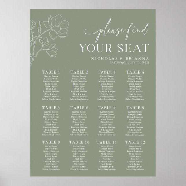 Minimal Sage Green Wedding 12 Table Seating Chart Poster (Vorne)