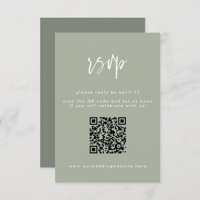 Minimal-Sage Grünes Skript Hochzeit QR-Code RSVP Karte (Vorne/Hinten)