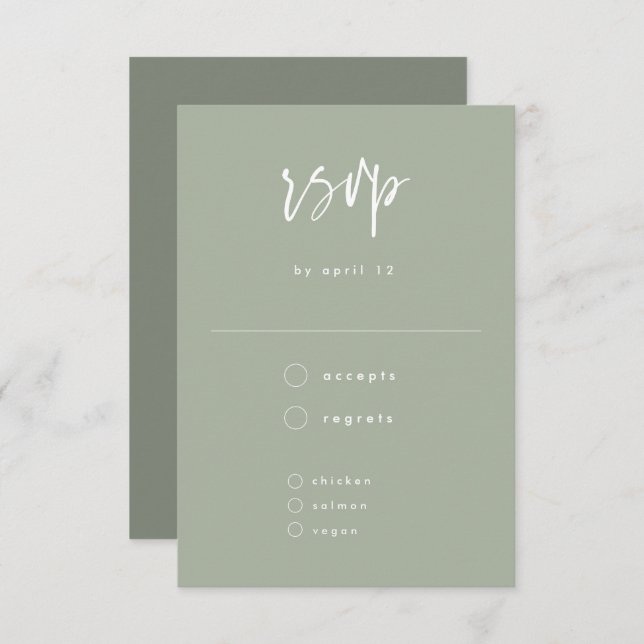 Minimal Sage Grünhandgeschriebenes Skript Hochzeit RSVP Karte (Vorne/Hinten)