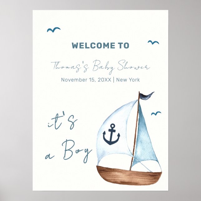 Minimal Sailboat Anchor Babydusche Willkommen Poster (Vorne)
