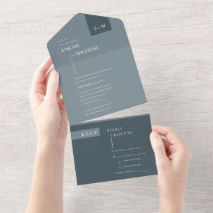 MINIMAL SCANDI DUSKY GRAU BLUE MONOGRAM WEDD ALL IN ONE EINLADUNG
