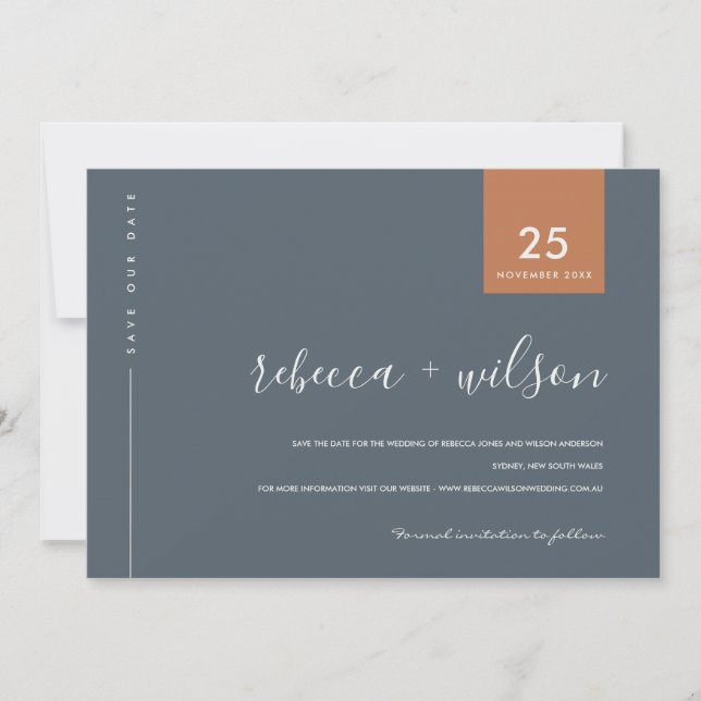 MINIMAL SCANDI MODERNE BLAUE GRAUEN RUSSTYPOGRAPHI SAVE THE DATE (Vorderseite)