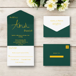 Minimal schick Grün und Gold delikate Hochzeit All In One Einladung