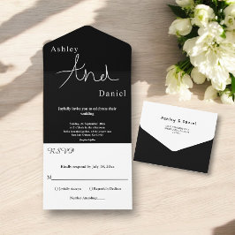 Minimal schick Schwarz und Weiß delikate Hochzeit All In One Einladung