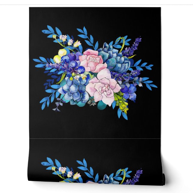 Minimal Schwarz Blau und Rosa Farbblumen Design Tapete (Abrollen)