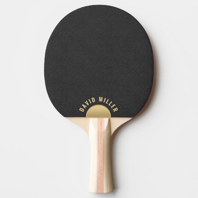 Minimal Schwarz Leder Textur Gold Akzent Monogram Tischtennis Schläger (Vorderseite)
