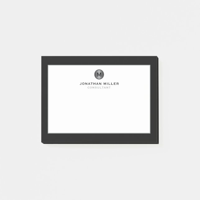 Minimal Schwarz Silber gebürstetes Metal Monogramm Post-it Klebezettel (Vorderseite)