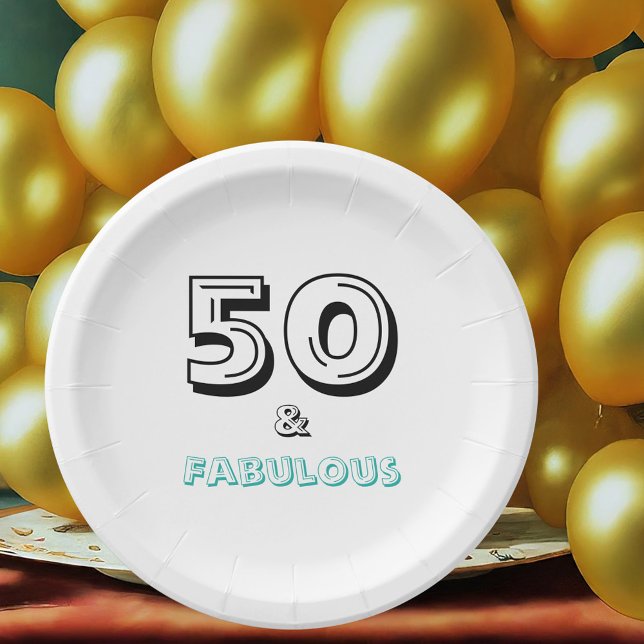 Minimal Schwarz Türkis Fabulous 50. Party Pappteller (Front with Background)