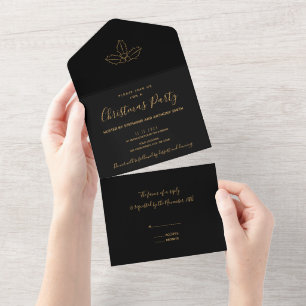 Minimal Schwarz und Gold Mistletoe Weihnachten All In One Einladung