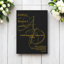 Minimal Schwarz und Gold Monogram Elegant Wedding