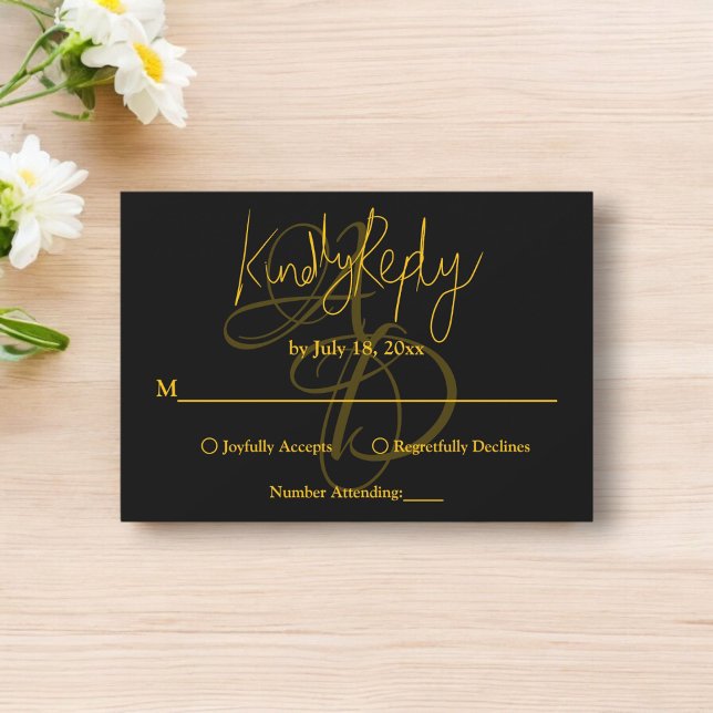 Minimal Schwarz und Gold Monogram Elegant Wedding RSVP Karte (Von Creator hochgeladen)