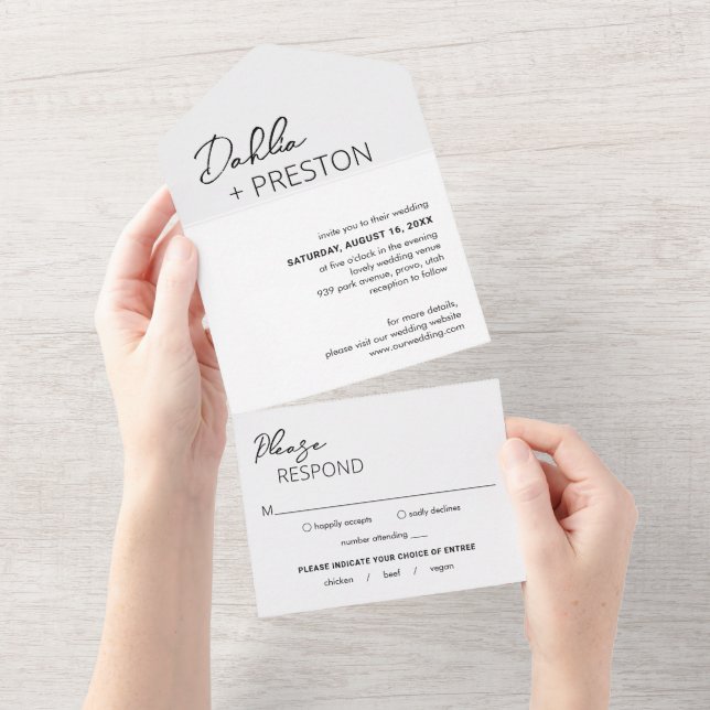 Minimal Schwarz und Weiß Moderne Hochzeit All In One Einladung (Abreißen)