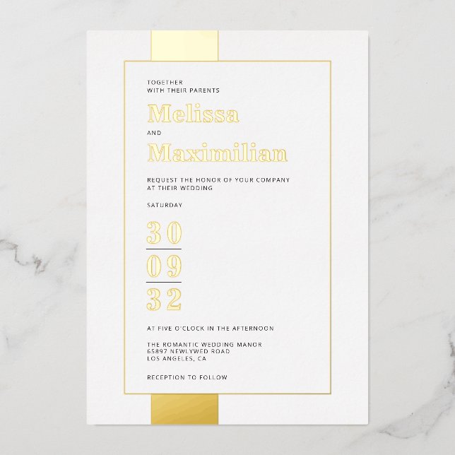 Minimal Schwarz-weißes Gold Folieneinladung (Vorderseite)