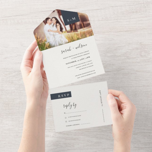 MINIMAL SCHWARZ-WEISSES MONOGRAMM-FOTO ALL IN ONE EINLADUNG (Abreißen)