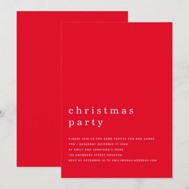 Minimal Schwarz-weißes WeihnachtsParty Rot Einladung (Vorne/Hinten)