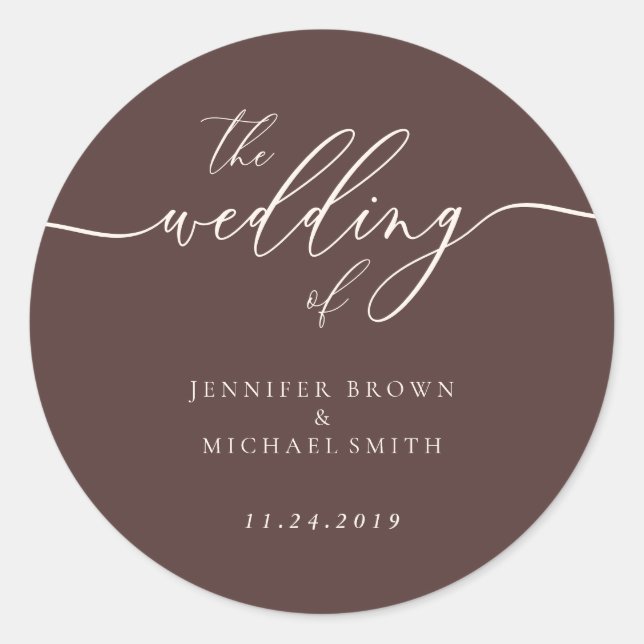 Minimal Script Chocolate Brown Wedding Runder Aufkleber (Vorderseite)