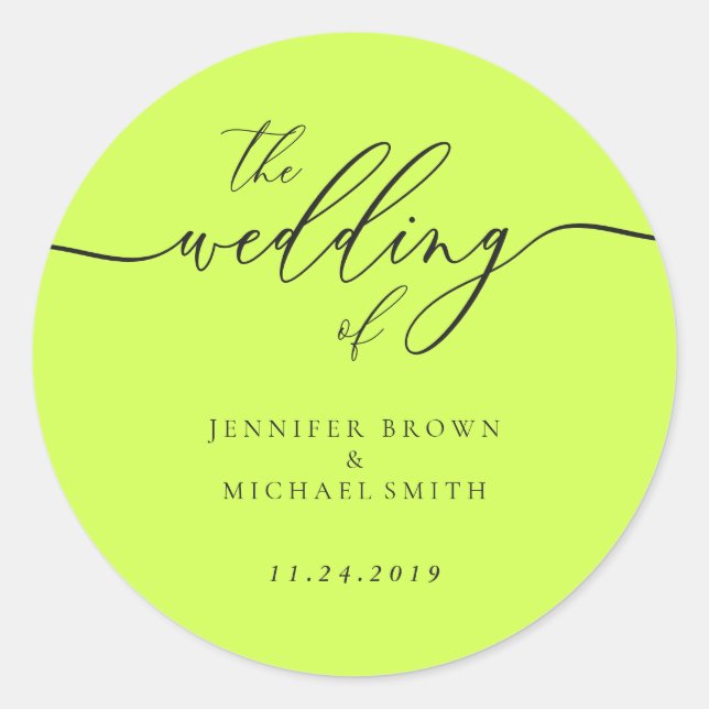 Minimal Script Cyber Lime Jet Black Wedding Runder Aufkleber (Vorderseite)