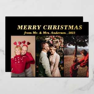 Minimal Script Drei Foto Schwarz Frohe Weihnachten Folieneinladung